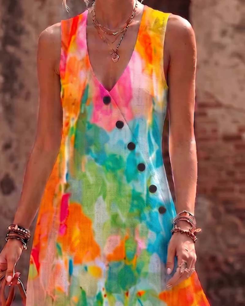 Kleid Ärmellos Aquarell Blumig Elegant Maxi