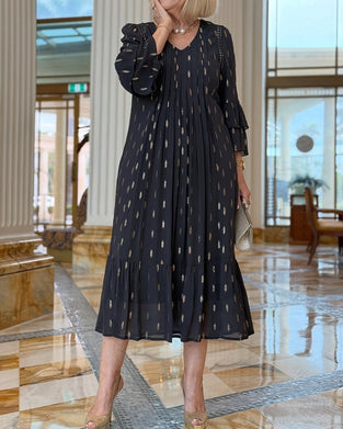 Kleid Laternenärmel V-Ausschnitt Druck