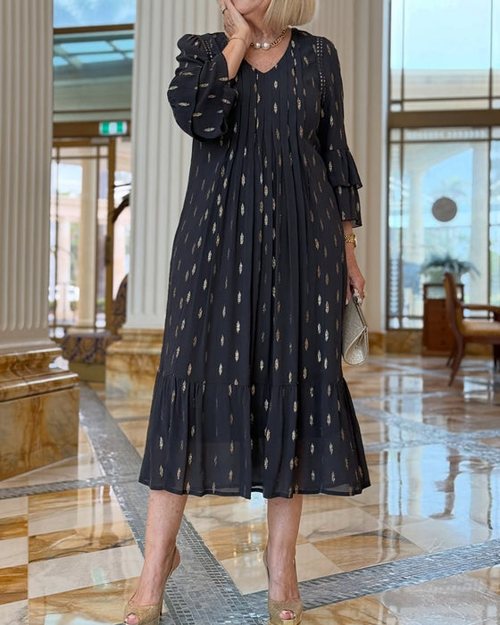 Kleid Laternenärmel V-Ausschnitt Druck