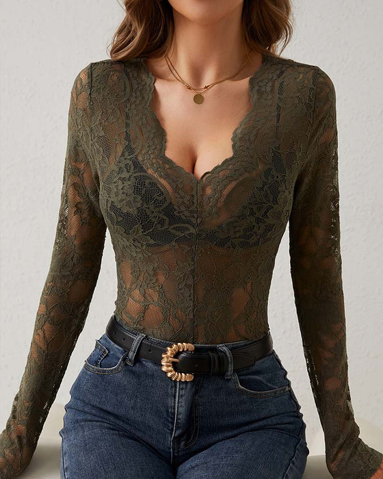 Bluse Spitzenbesatz Langarm