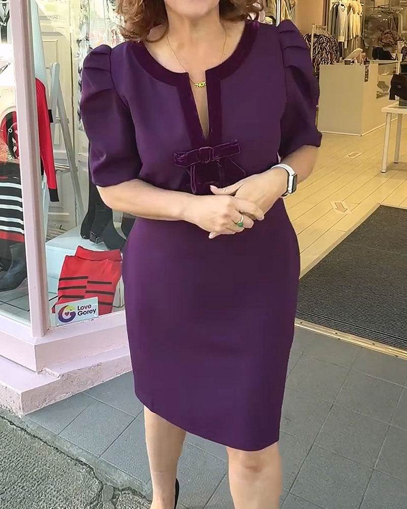 Kleid Puffärmel Schleife Samt Patchwork