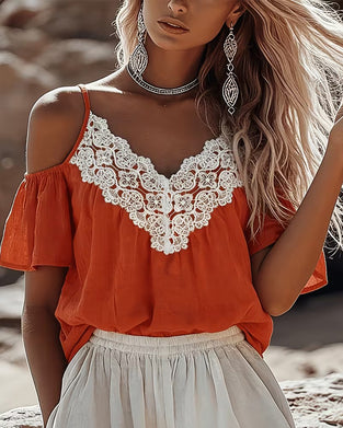 Bluse Spitze Patchwork Off-Shoulder
