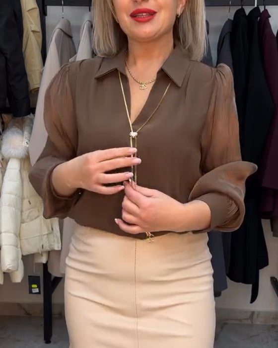 Bluse elegant mit Kragen Chiffon Puffärmel