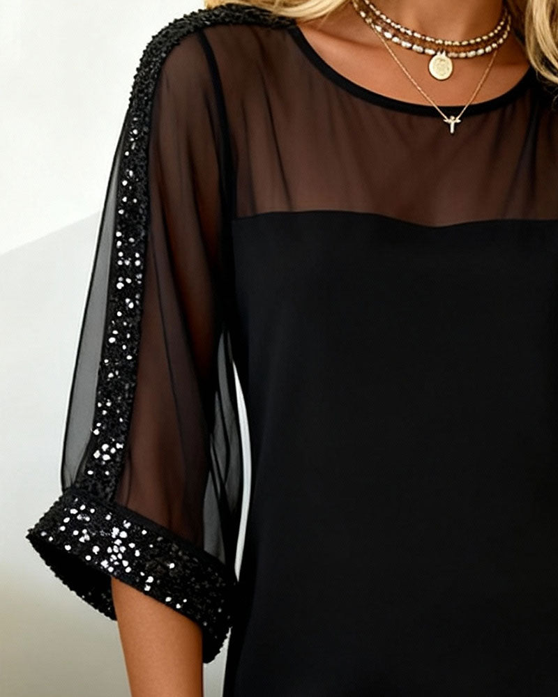 Kleid Glitzer Eingefasst Mesh Rundhalsausschnitt