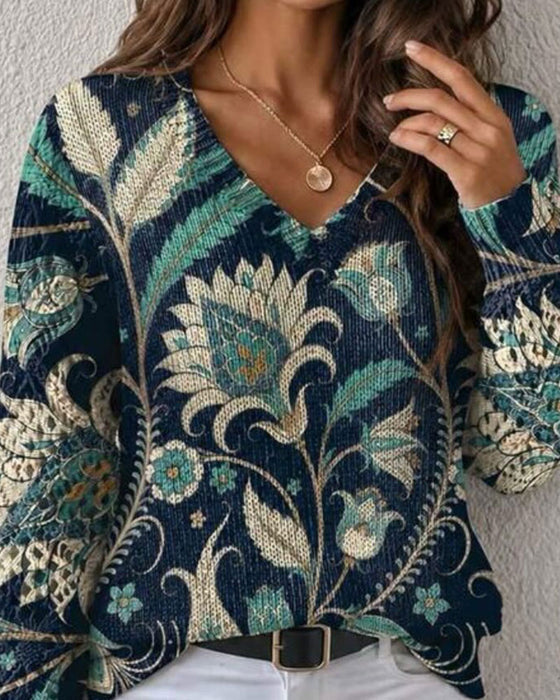 Pullover V-Ausschnitt Langarm Blumen Druck