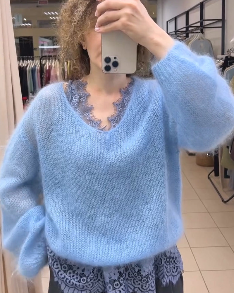 Pullover V-Ausschnitt Uni Patchwork