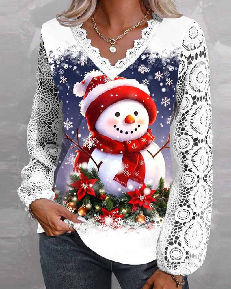 Top Spitze Patchwork Schneemann Druck