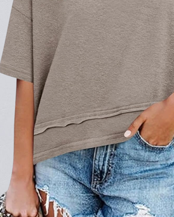Bluse Einfarbig V-Ausschnitt Patchwork Saum