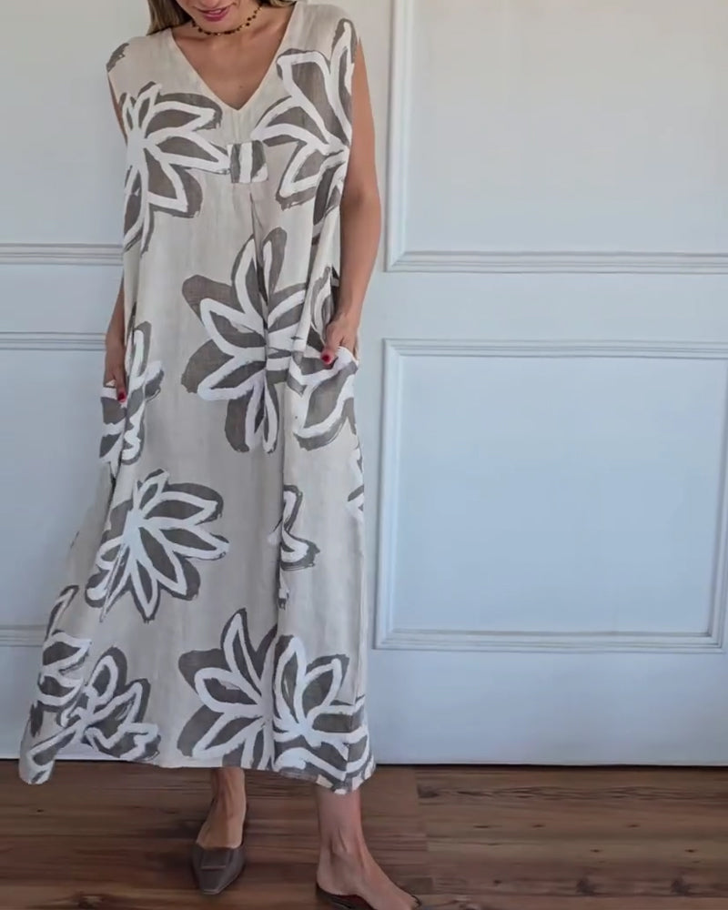 Kleid V-Ausschnitt Abstrakt Blumig Ärmellos