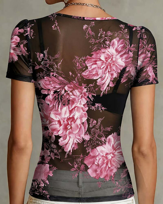 T-Shirt Mit V-Ausschnitt Und Blumenmuster Kurzarm