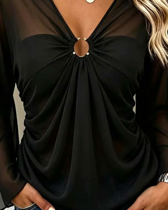 Bluse V-Ausschnitt Metall Ring Twist