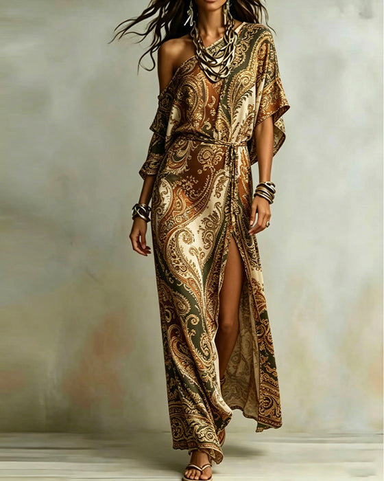 Kleid Paisley Ein Schulter Krawatte Schlitz Maxi