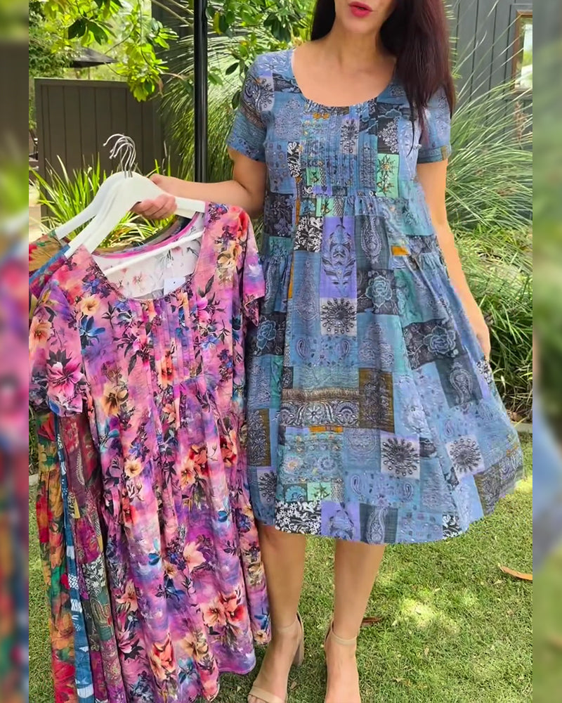Kleid Rundhals plissiert bedruckt A-Linie