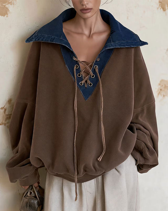 Sweatshirt Revers Denim Patchwork Locker
