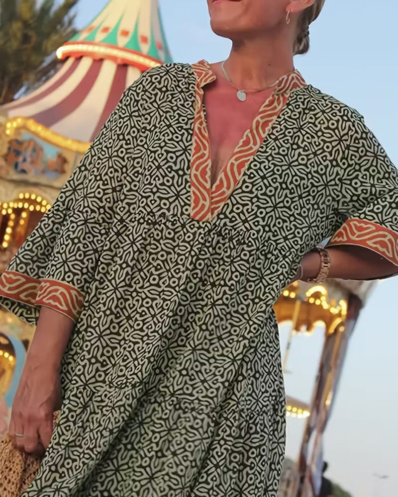 Kleid V-Ausschnitt Dreiviertelärmel Druck Urlaub