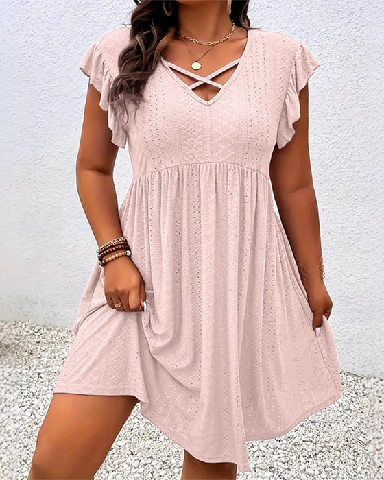 Kleid Einfarbig Durchbrochener Lotusblätterärmel