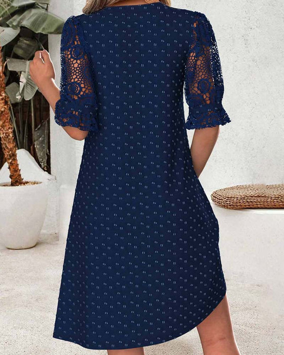 Kleid V-Ausschnitt Druck Spitze Patchwork A-Linie