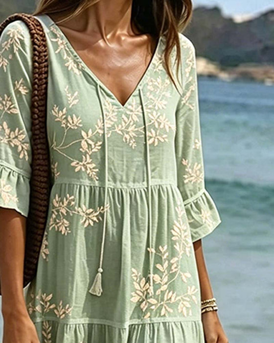 Kleid Rüsche V-Ausschnitt Binden Resort
