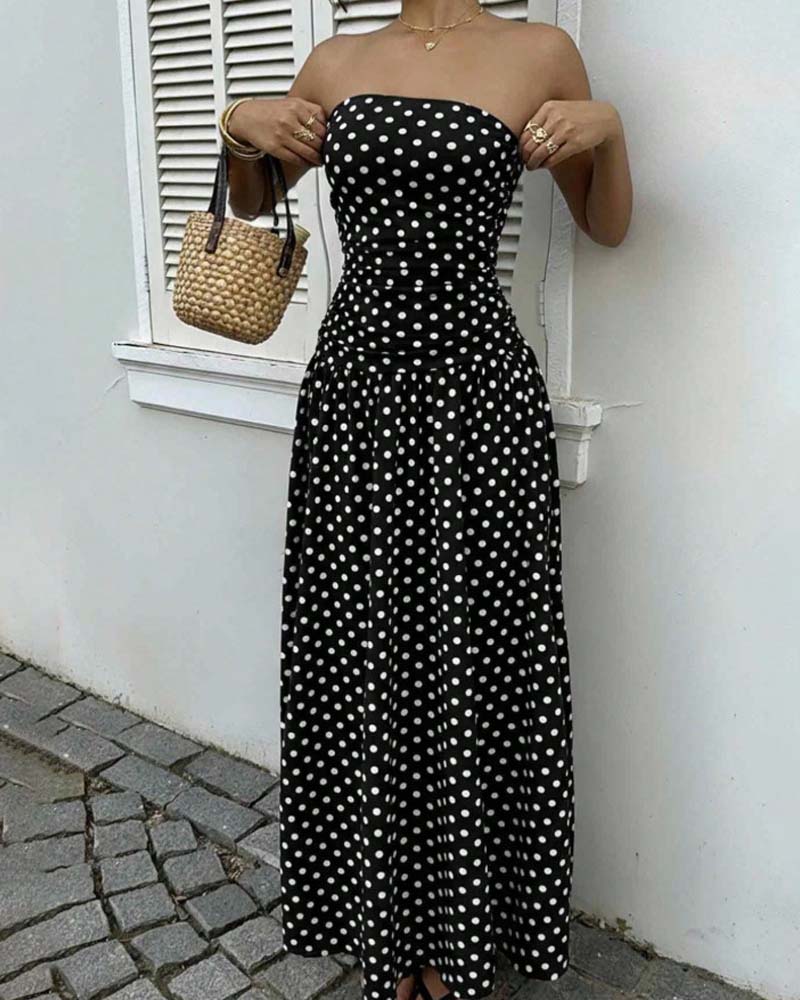Kleid Tupfen Bandeau A-Linie Lang