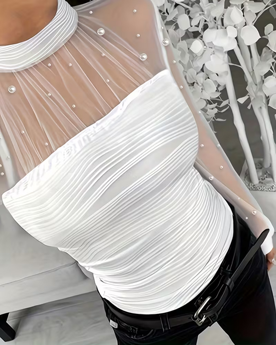 Bluse Mock Neck Gerafft Sheer