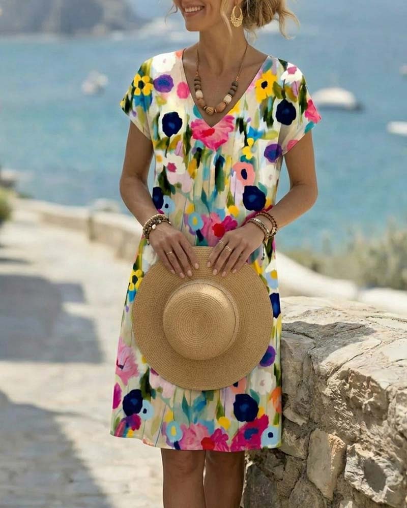 Kleid Ölgemälde Blumenprint Kurzarm