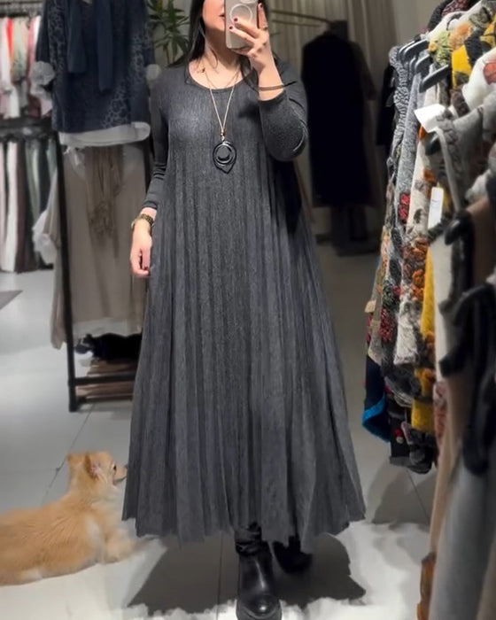 Kleid Runder Halsausschnitt Gekräuselt Locker Lang