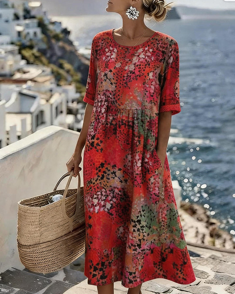 Kleid Tupfenprint Rundhalsausschnitt Lang