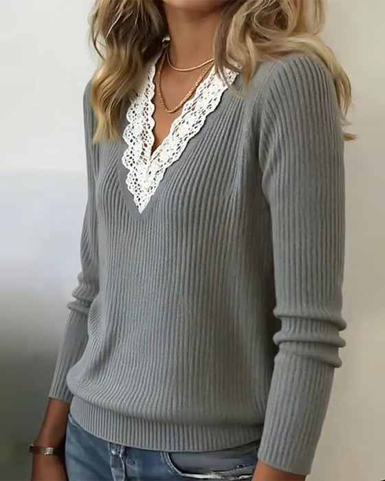 V-Ausschnitt-Pullover Mit Spitzeneinsatz