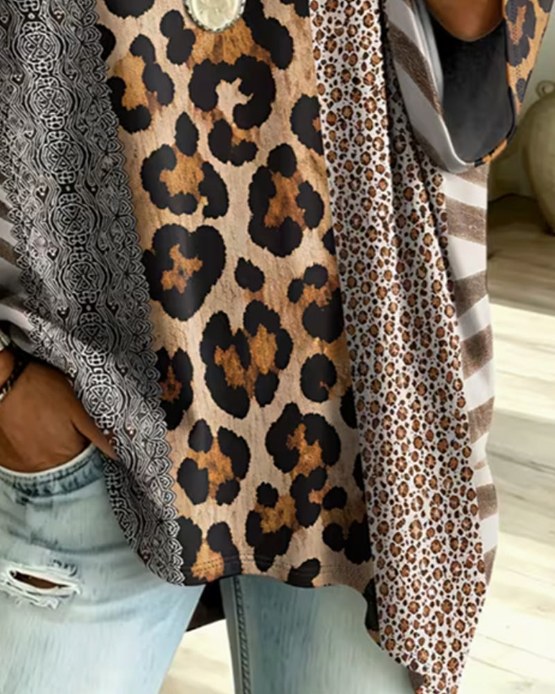Oberteil Leopardenmuster Patchwork V-Ausschnitt Lässig