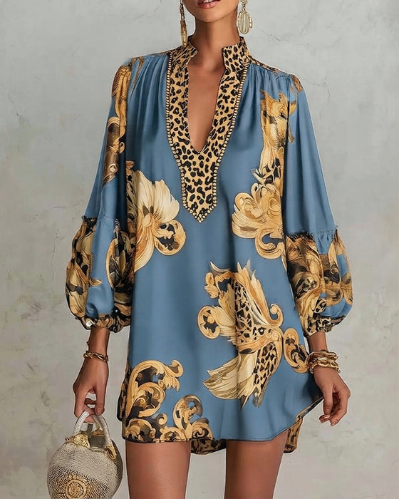 Kleid Leopard Laterne Ärmel Stehkragen Druck