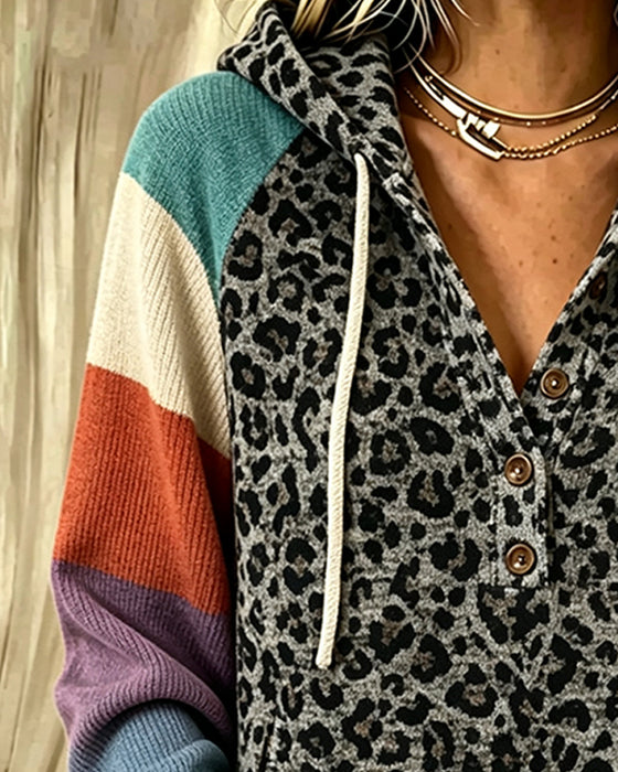 Hoodie Leopard Farbblock Knopf