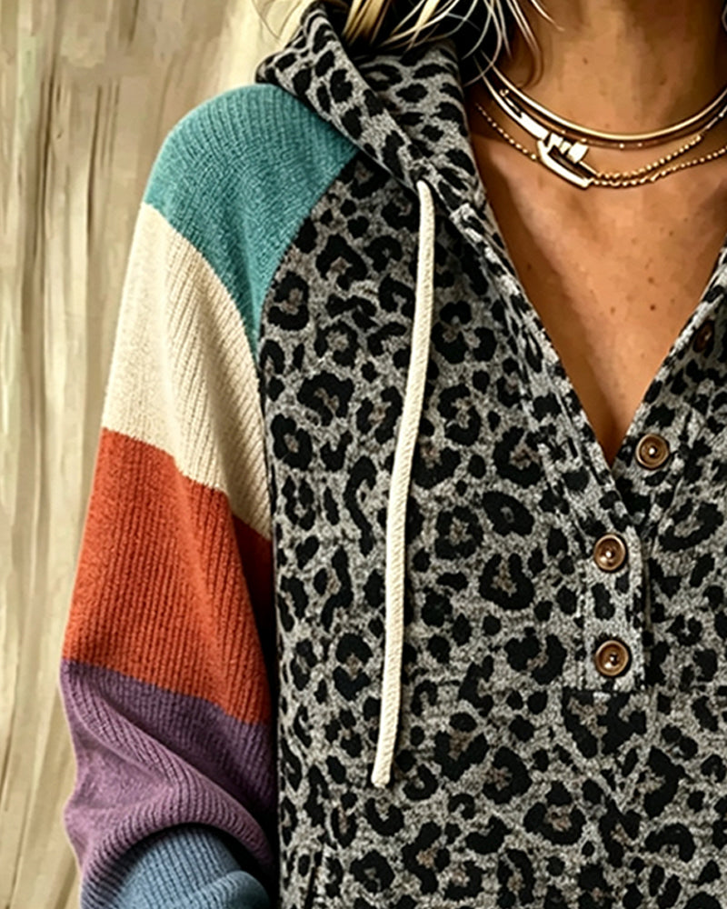Hoodie Leopard Farbblock Knopf