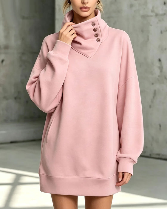 Kleid Rollkragen Diagonaler Knopf Loose Fit