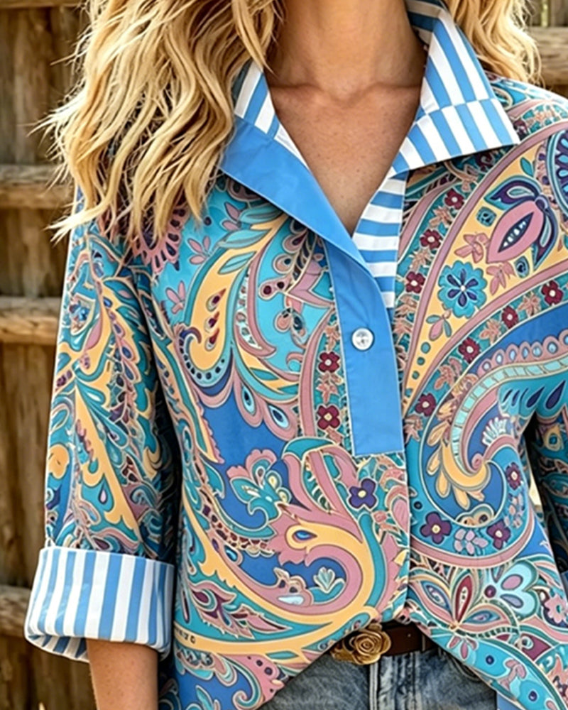 Bluse Patchwork Blumig Druck Lässig