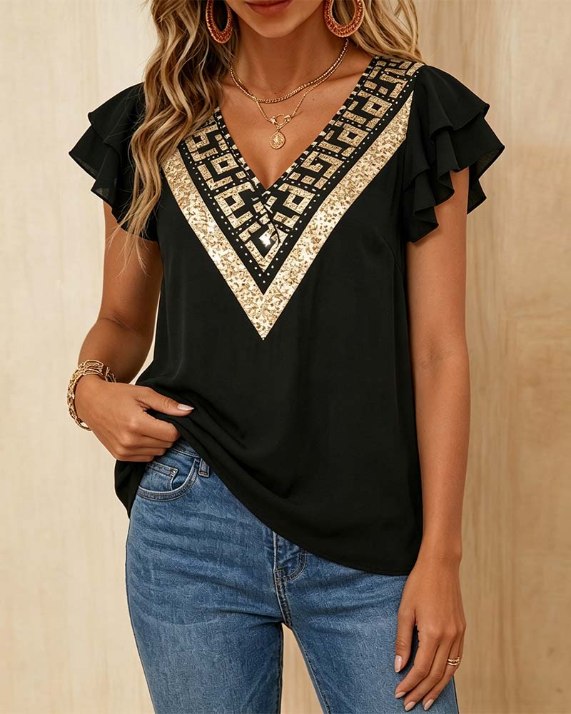 Bluse Lotusblatt-Druck V-Ausschnitt Kontrast