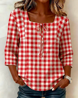 Bluse Karo Quadratischer Ausschnitt Binden 3/4-Arm