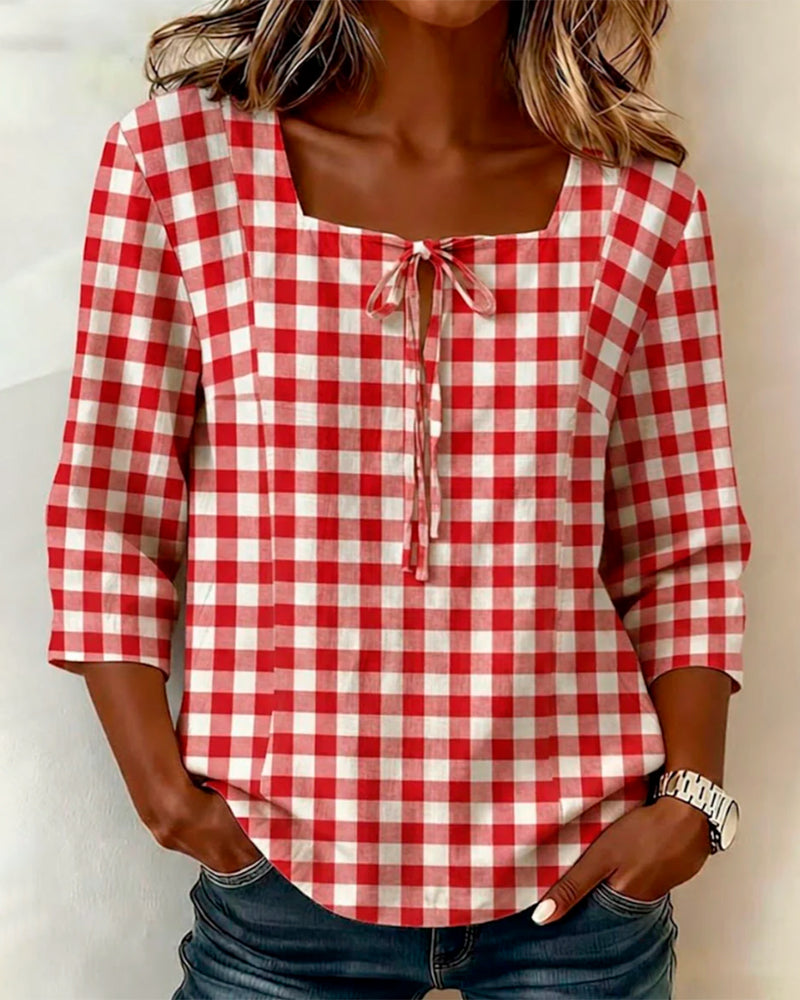 Bluse Karo Quadratischer Ausschnitt Binden 3/4-Arm