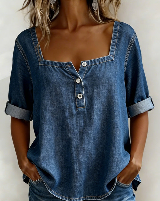Hemd Quadratischer Ausschnitt Denim Halbarm