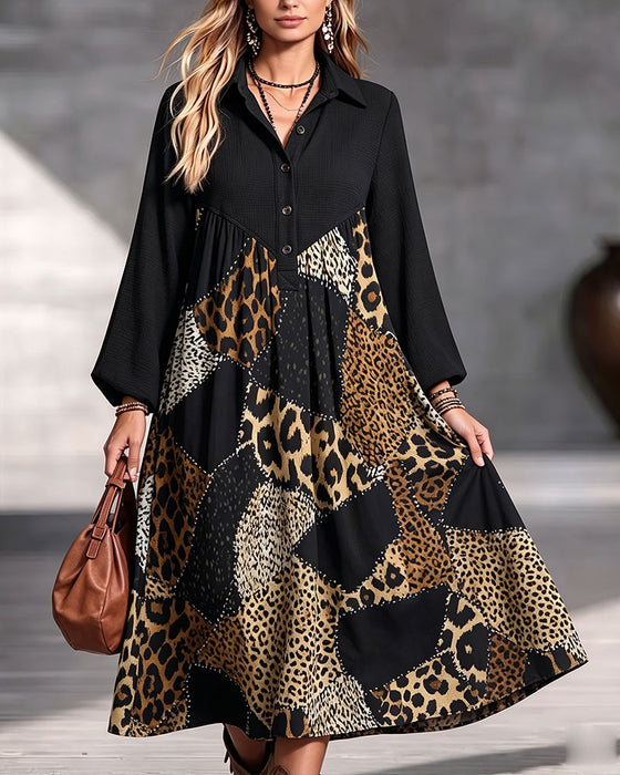 Kleid Leopard Farbblock Revers Langarm