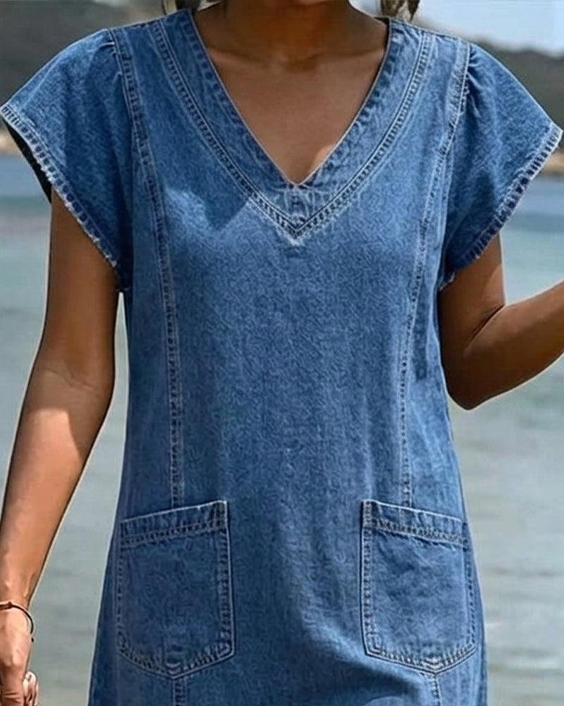 Kleid V-Ausschnitt Einfarbig Kurzarm Etuikleid