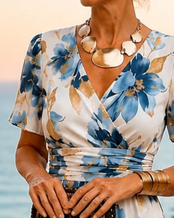 Kleid Tusch Blumen V-Ausschnitt Elegant