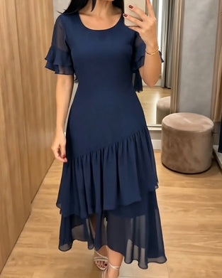 Kleid Rundhals Rüsche Einfarbig
