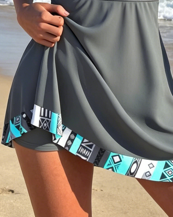 Swimdress Ärmellos V-Ausschnitt Geometrischer Druck
