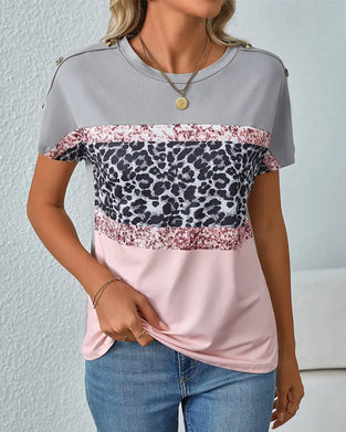 T-Shirt Rundhalsausschnitt Leopardenmuster Farbblock