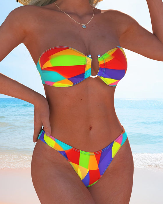 Bikini Bunt Geometrischer Druck Bandeau