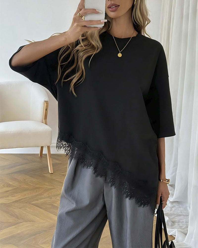 Bluse Asymmetrisch Spitze Zusammengesetzter Saum Kurzarm