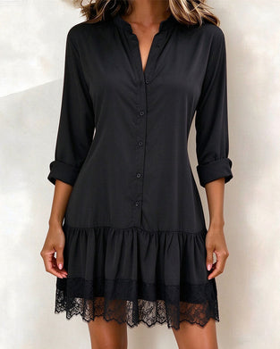 Kleid Stehkragen Patchwork Spitzenbesatz