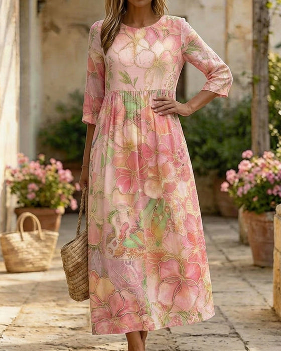 Kleid Aquarell Blumig Dreiviertel Ärmel Voll Rock Maxi