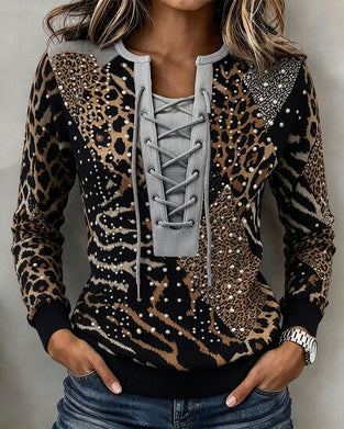 Sweatshirt Binden Leopard Patchwork Figurbetont