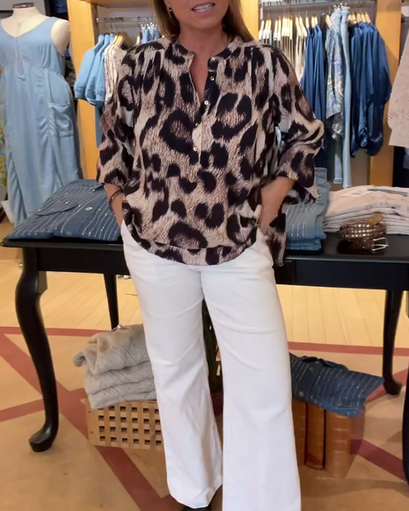 Bluse Lockeres Leopardenmuster Halbe Knopfleiste